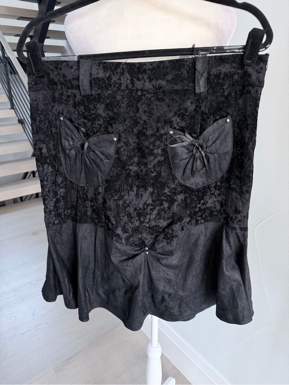 Black Velvet & Faux Leather A-Line Skirt with Bow Accents